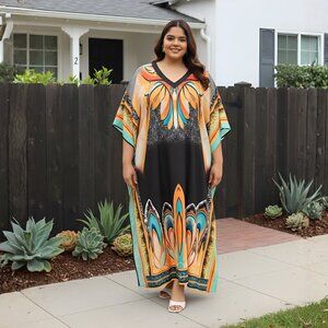 Gypsie Blu Multicolor Plant Caftan Dress Plus Size Women Maxi Cover Up Dresses